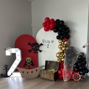 Pirate Ship Party Decorations, 142PCS Red Black Metallic Gold Balloon Arch Garland Kit with Pirate Ship Foil Mylar Balloon for Boys Birthday Ocean Pirate Theme Baby Shower Party Decoration Supplies