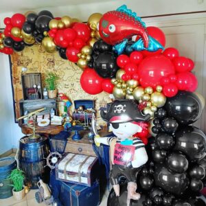 Pirate Ship Party Decorations, 142PCS Red Black Metallic Gold Balloon Arch Garland Kit with Pirate Ship Foil Mylar Balloon for Boys Birthday Ocean Pirate Theme Baby Shower Party Decoration Supplies