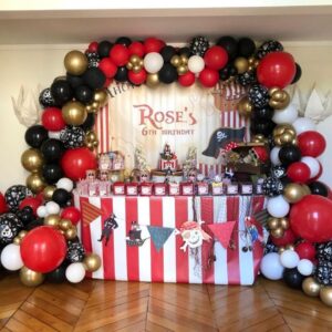 Pirate Ship Party Decorations, 142PCS Red Black Metallic Gold Balloon Arch Garland Kit with Pirate Ship Foil Mylar Balloon for Boys Birthday Ocean Pirate Theme Baby Shower Party Decoration Supplies