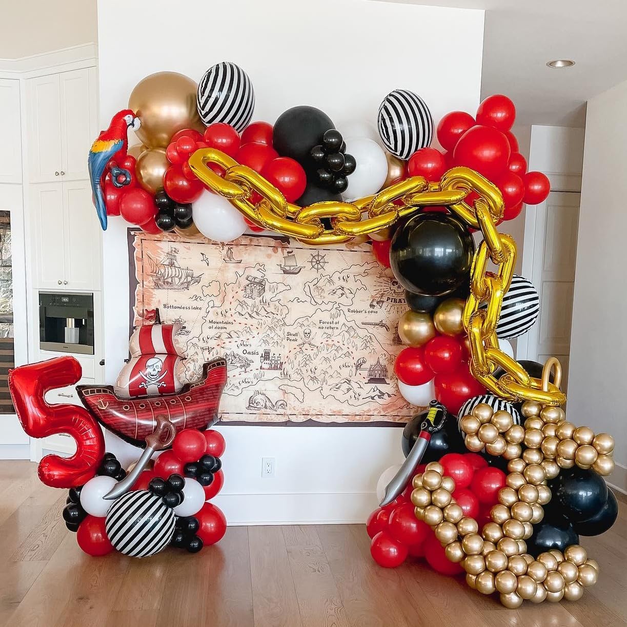 Pirate Ship Party Decorations, 142PCS Red Black Metallic Gold Balloon Arch Garland Kit with Pirate Ship Foil Mylar Balloon for Boys Birthday Ocean Pirate Theme Baby Shower Party Decoration Supplies