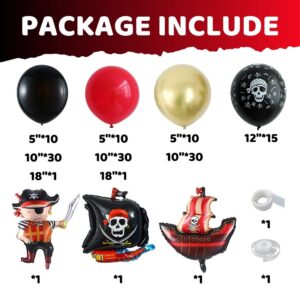 Pirate Ship Party Decorations, 142PCS Red Black Metallic Gold Balloon Arch Garland Kit with Pirate Ship Foil Mylar Balloon for Boys Birthday Ocean Pirate Theme Baby Shower Party Decoration Supplies