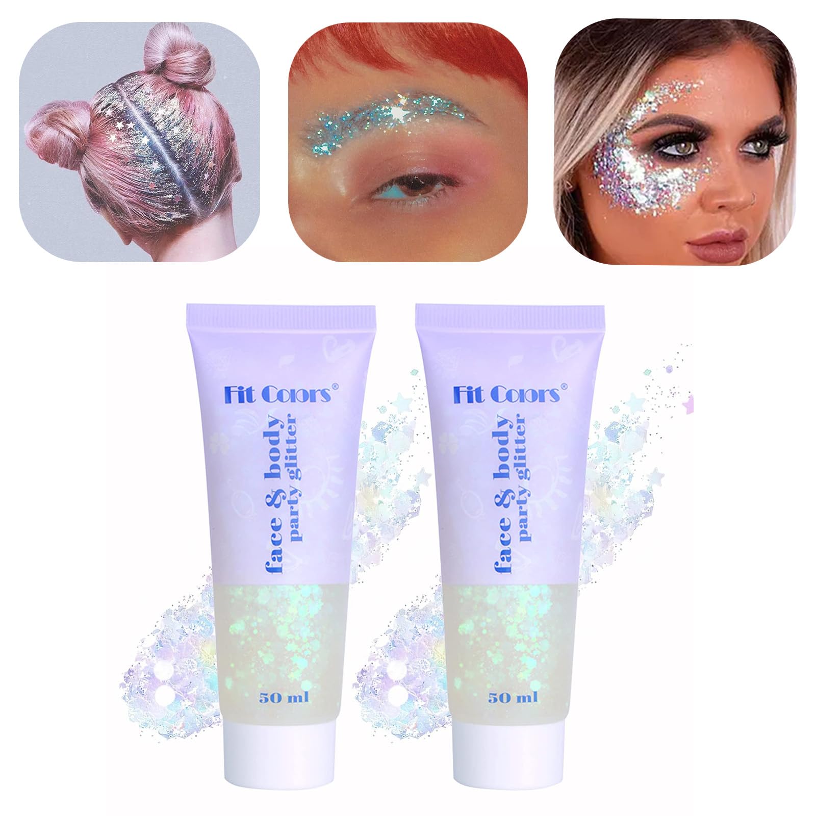 2Pcs White Face&Body Glitter Gel Long Lasting, Unicorn Makeup Face Glitter for Hair Face Nail, Temporary Tattoo for Party Favors Concert Festival, Little Mermaid Sequins White Chunky Body Glitter