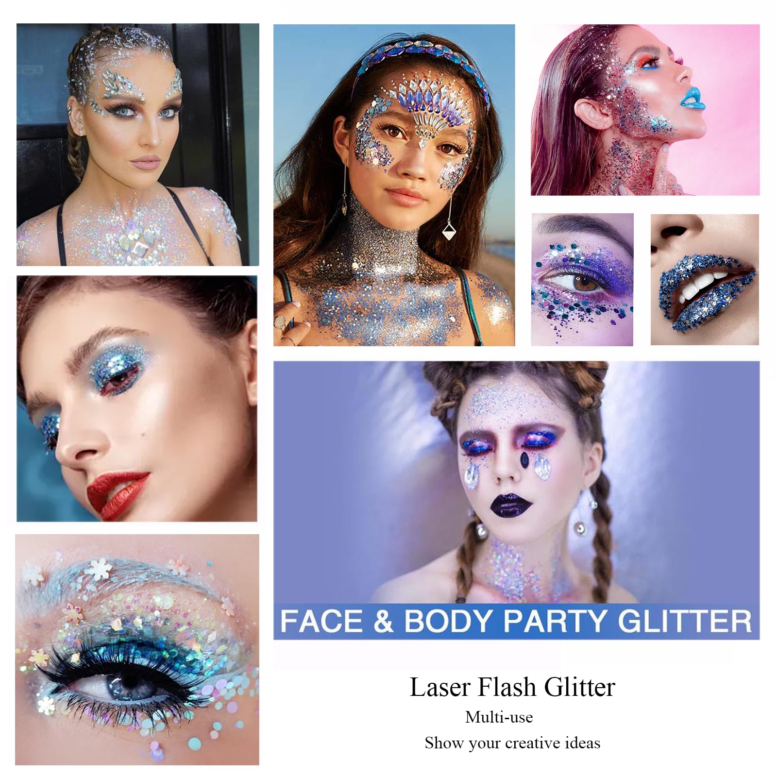 2Pcs White Face&Body Glitter Gel Long Lasting, Unicorn Makeup Face Glitter for Hair Face Nail, Temporary Tattoo for Party Favors Concert Festival, Little Mermaid Sequins White Chunky Body Glitter