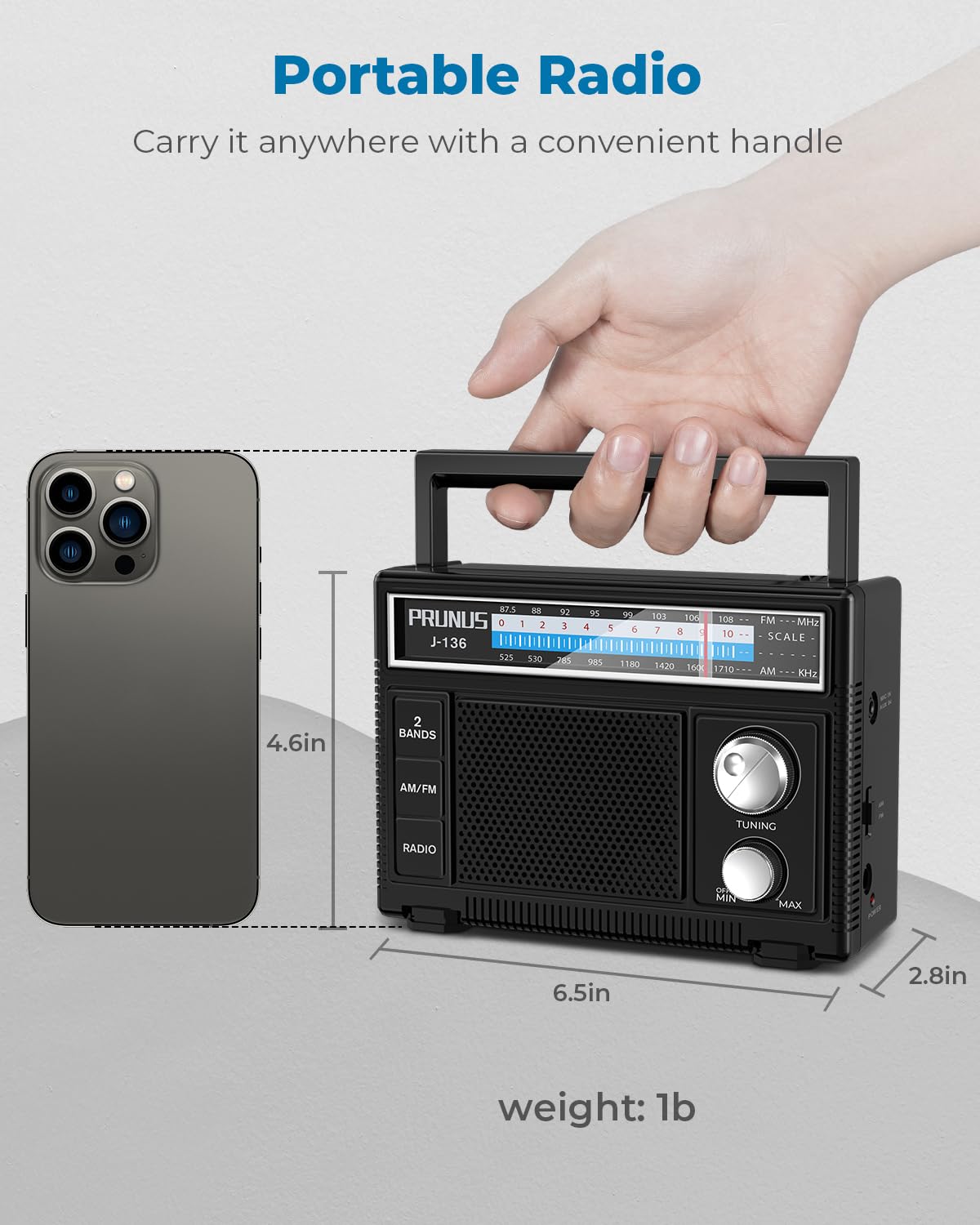 PRUNUS Portable Radio AM FM, Transistor Radio Battery Operated and Plug in Wall,Loud Speaker Support AUX in and Micphone in, Small Radios Portable AM FM J-136