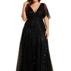 Ever-Pretty Womens Plus Size Sequin Emboridery Formal Evening Dresses with Sleeves Black US18