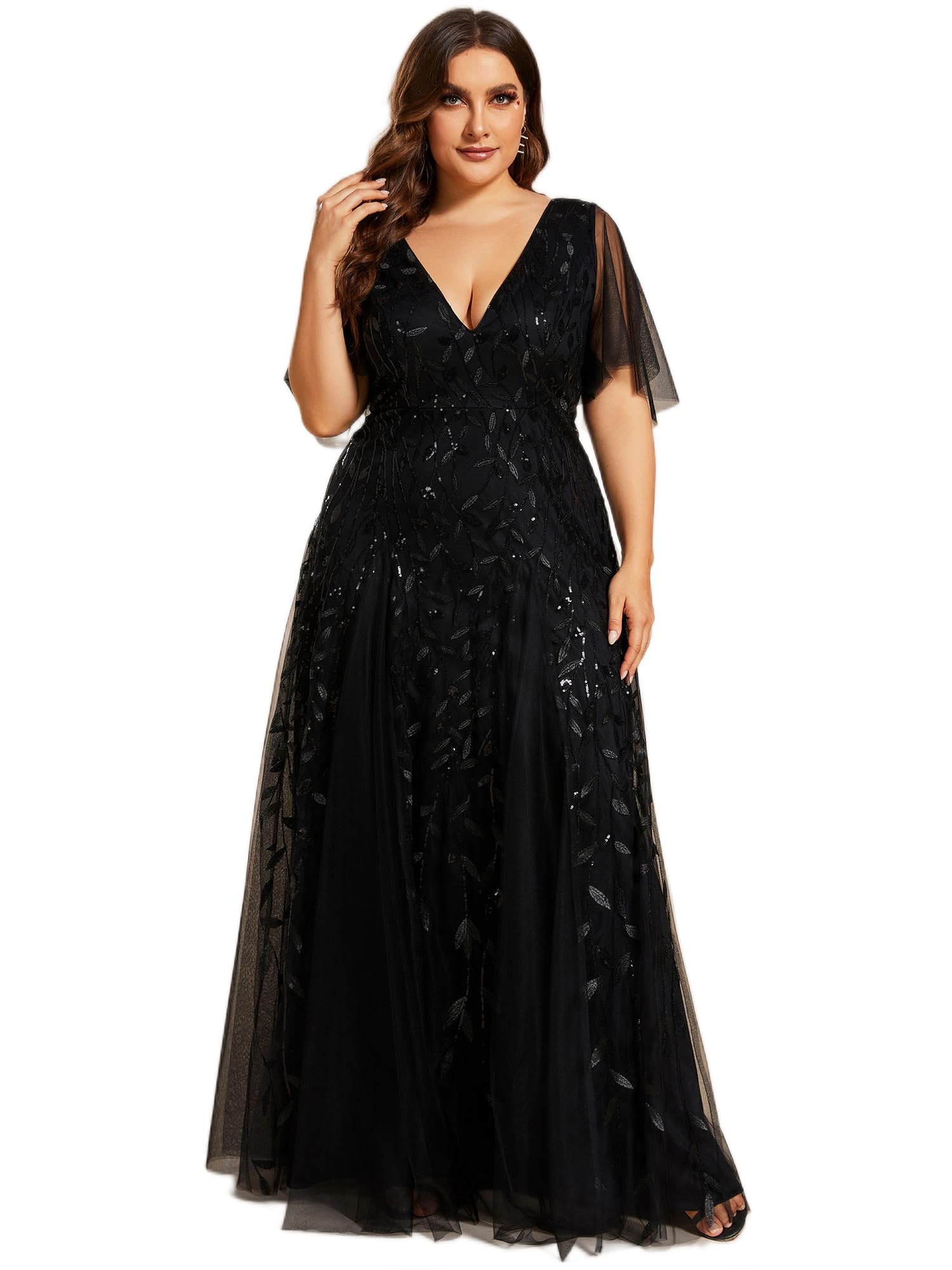 Ever-Pretty Womens Plus Size Sequin Emboridery Formal Evening Dresses with Sleeves Black US18