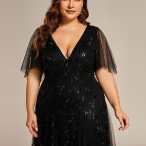 Ever-Pretty Womens Plus Size Sequin Emboridery Formal Evening Dresses with Sleeves Black US18