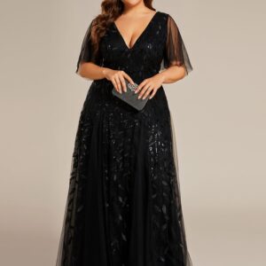 Ever-Pretty Womens Plus Size Sequin Emboridery Formal Evening Dresses with Sleeves Black US18