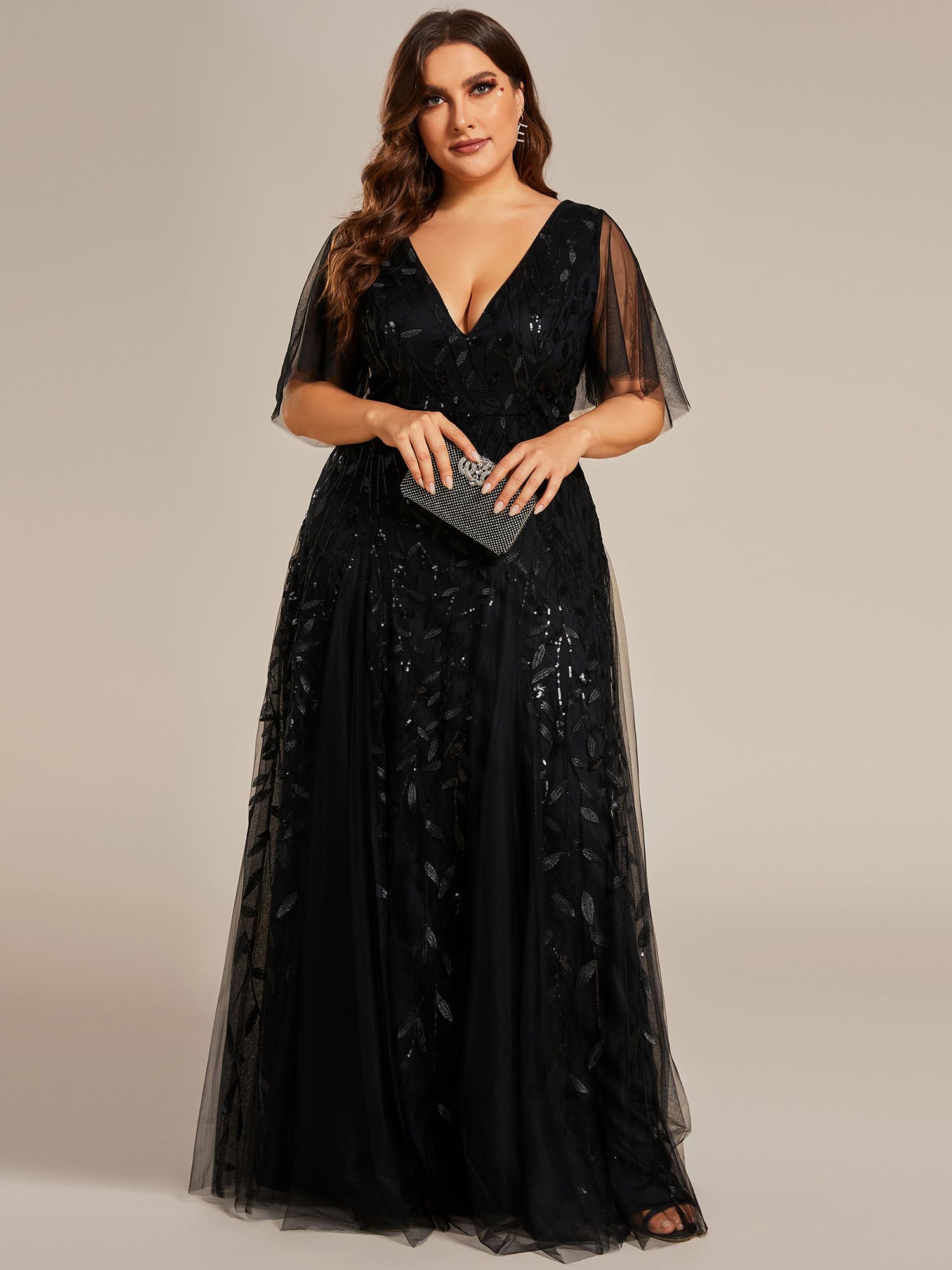 Ever-Pretty Womens Plus Size Sequin Emboridery Formal Evening Dresses with Sleeves Black US18