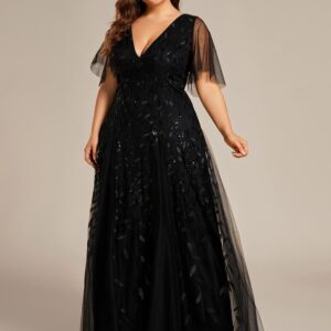 Ever-Pretty Womens Plus Size Sequin Emboridery Formal Evening Dresses with Sleeves Black US18