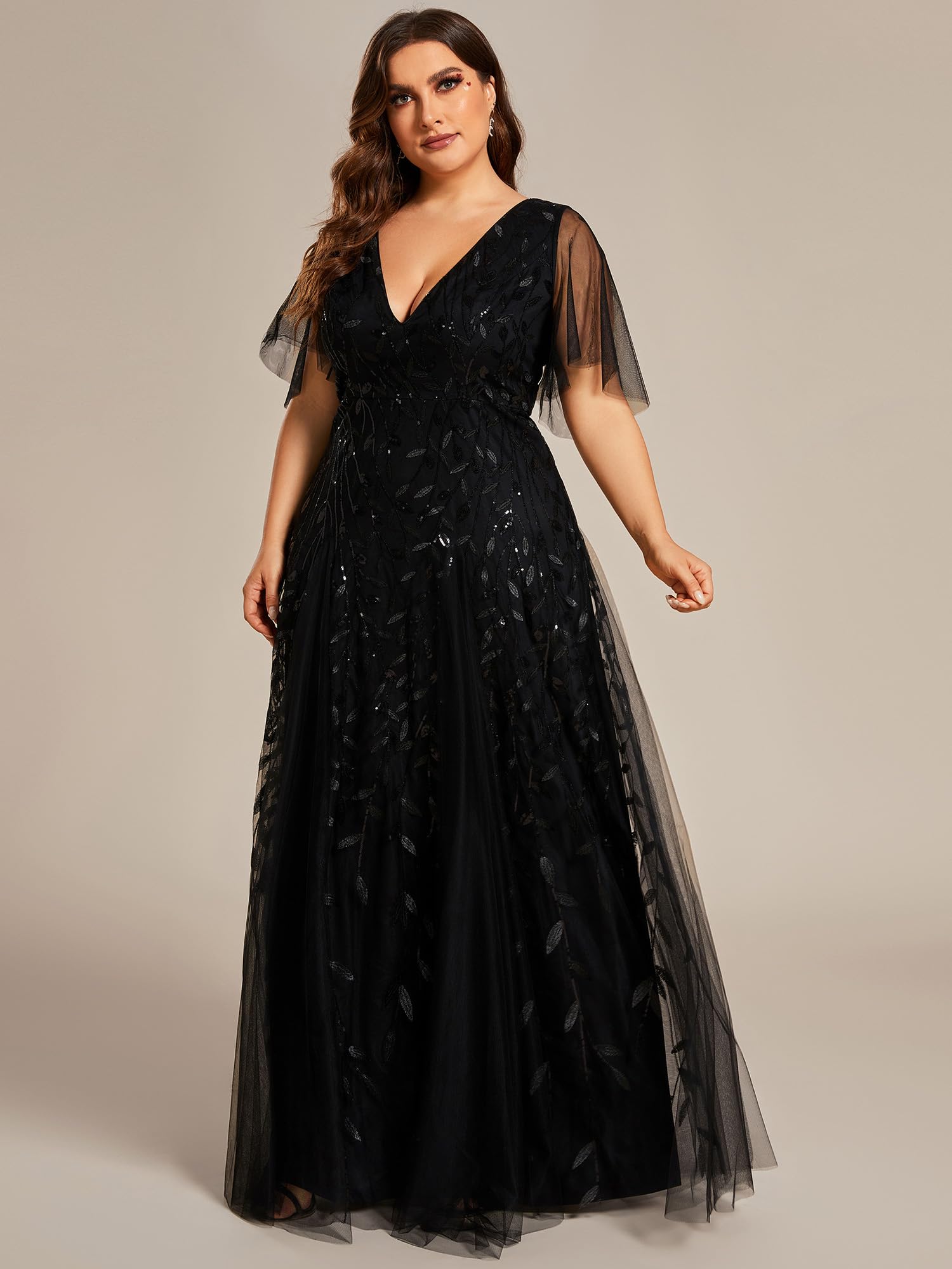 Ever-Pretty Womens Plus Size Sequin Emboridery Formal Evening Dresses with Sleeves Black US18