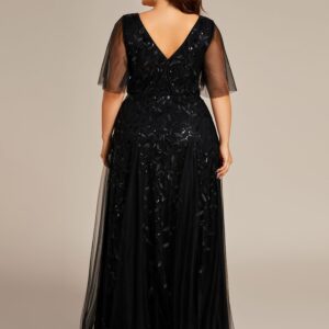 Ever-Pretty Womens Plus Size Sequin Emboridery Formal Evening Dresses with Sleeves Black US18