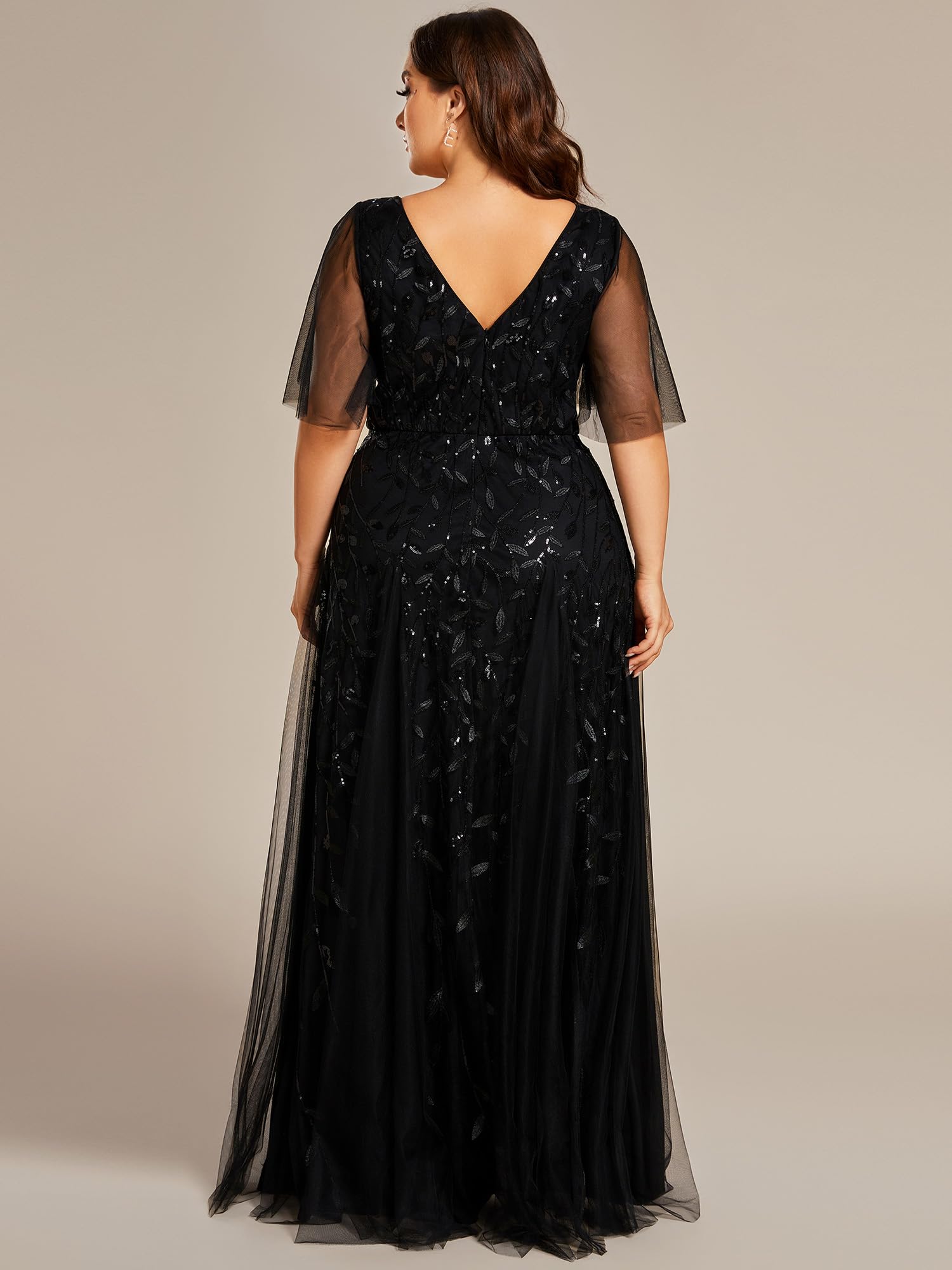 Ever-Pretty Womens Plus Size Sequin Emboridery Formal Evening Dresses with Sleeves Black US18