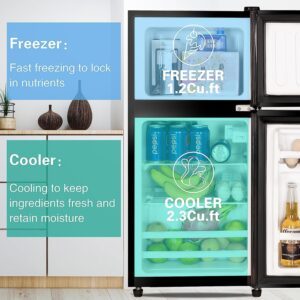 OOTDAY Compact Refrigerator, Double Door Mini Fridge, 7-LEVEL Refrigerator with Freezer, 3.5 Cu Ft, For Home, Office, Dorm, Garage or RV(Black)