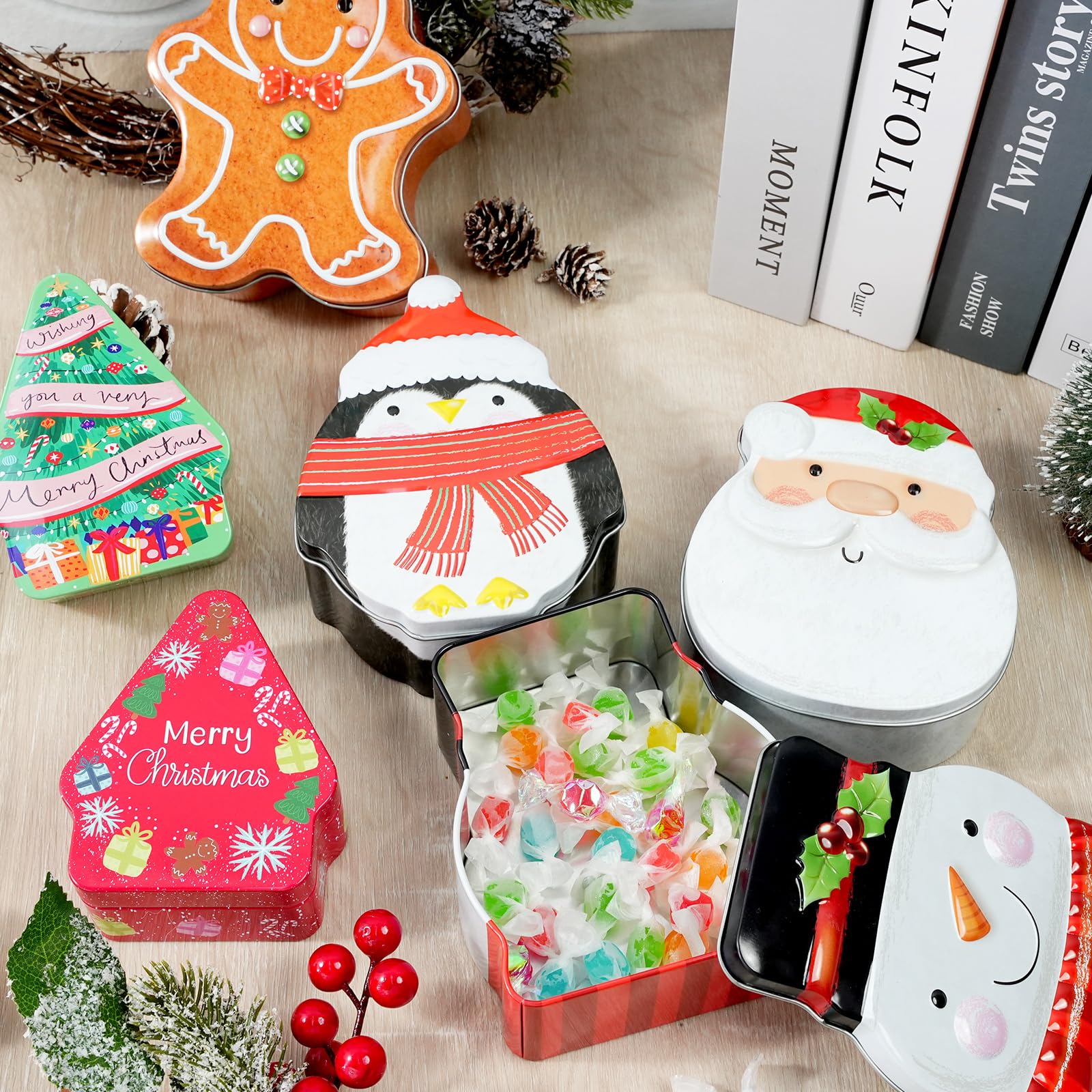 6 Pcs Christmas Cookie Tin Box Set Xmas Metal Candy Tins with Lids Food Storage Containers Cookie Jar Christmas Gift Packing Solution for Storing Candy Chocolate Biscuits Christmas Party Favor