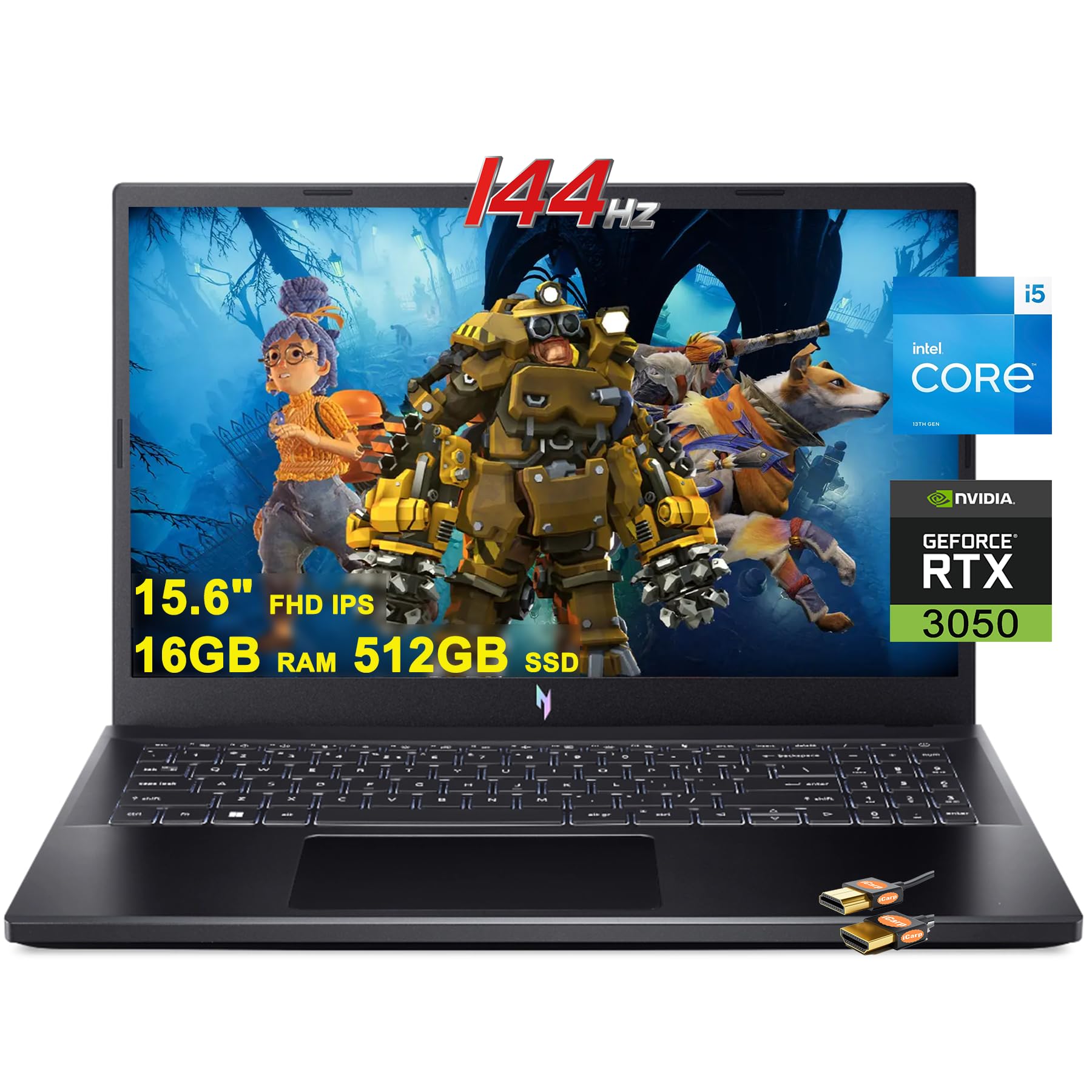 acer Nitro 5 Gaming Laptop 15.6" FHD IPS 144Hz Intel Octa-Core i5-13420H Processor (Beats i7-12650H) 16GB RAM 512GB SSD GeForce RTX 3050 6GB Graphic Backlit Thunderbolt Win11 + HDMI Cable