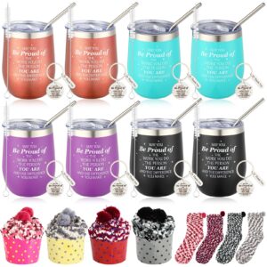 tioncy 48 pcs wine tumbler 12 oz with lid and straw funny keychain fluffy cupcake socks teacher appreciation thank you gift for coworker employee teacher women