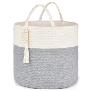 Mkono Woven Storage Basket Decorative Rope Basket Wooden Bead Decoration for Blankets,Toys,Clothes,PlantOrganizer Bin with Handles Living Room Home Decor, Grey and White, 16" W × 13.8"L