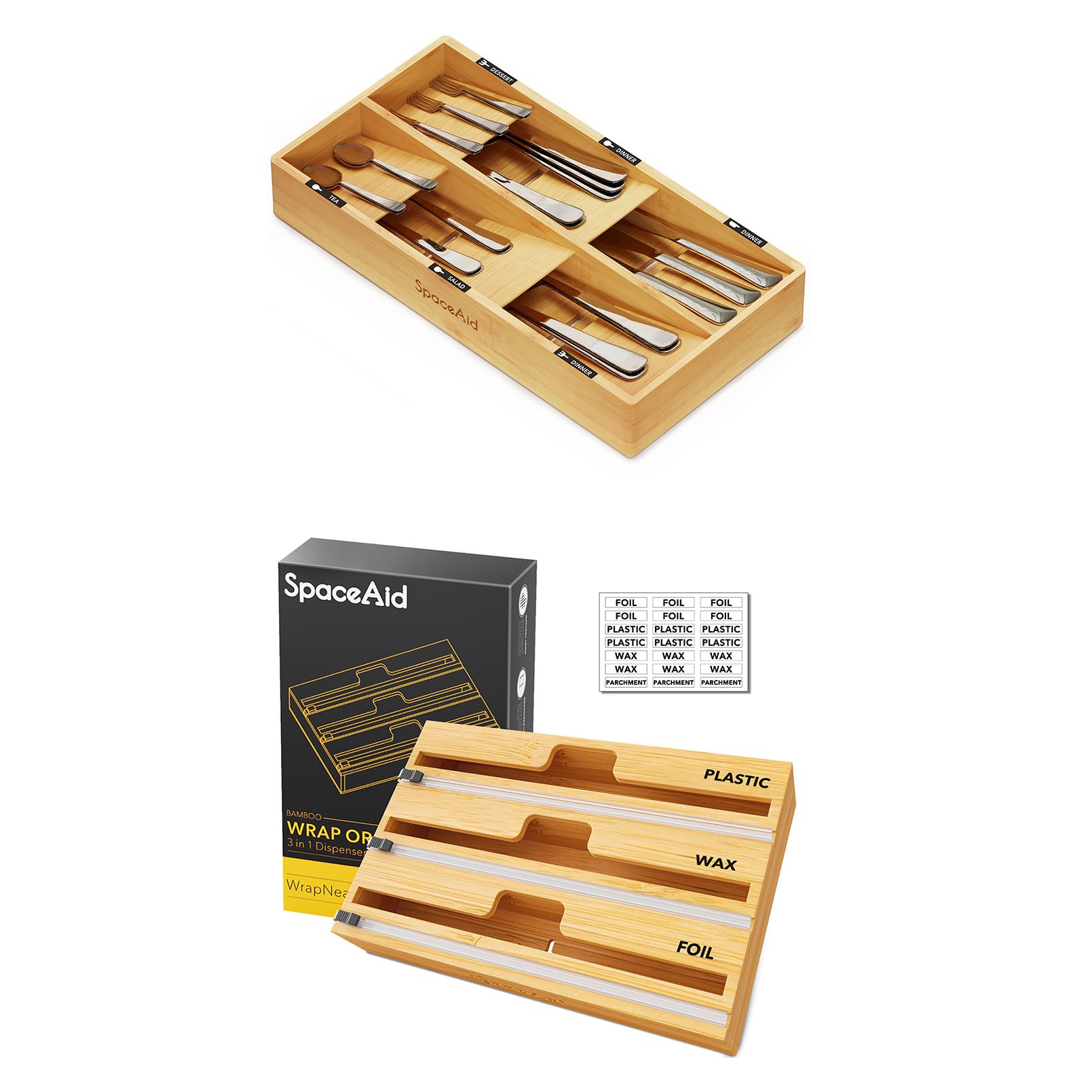 SpaceAid Bamboo Silverware Drawer Organizer (Natural, 6 Slots) 3 in 1 Wrap Organizer with Cutter and Labels