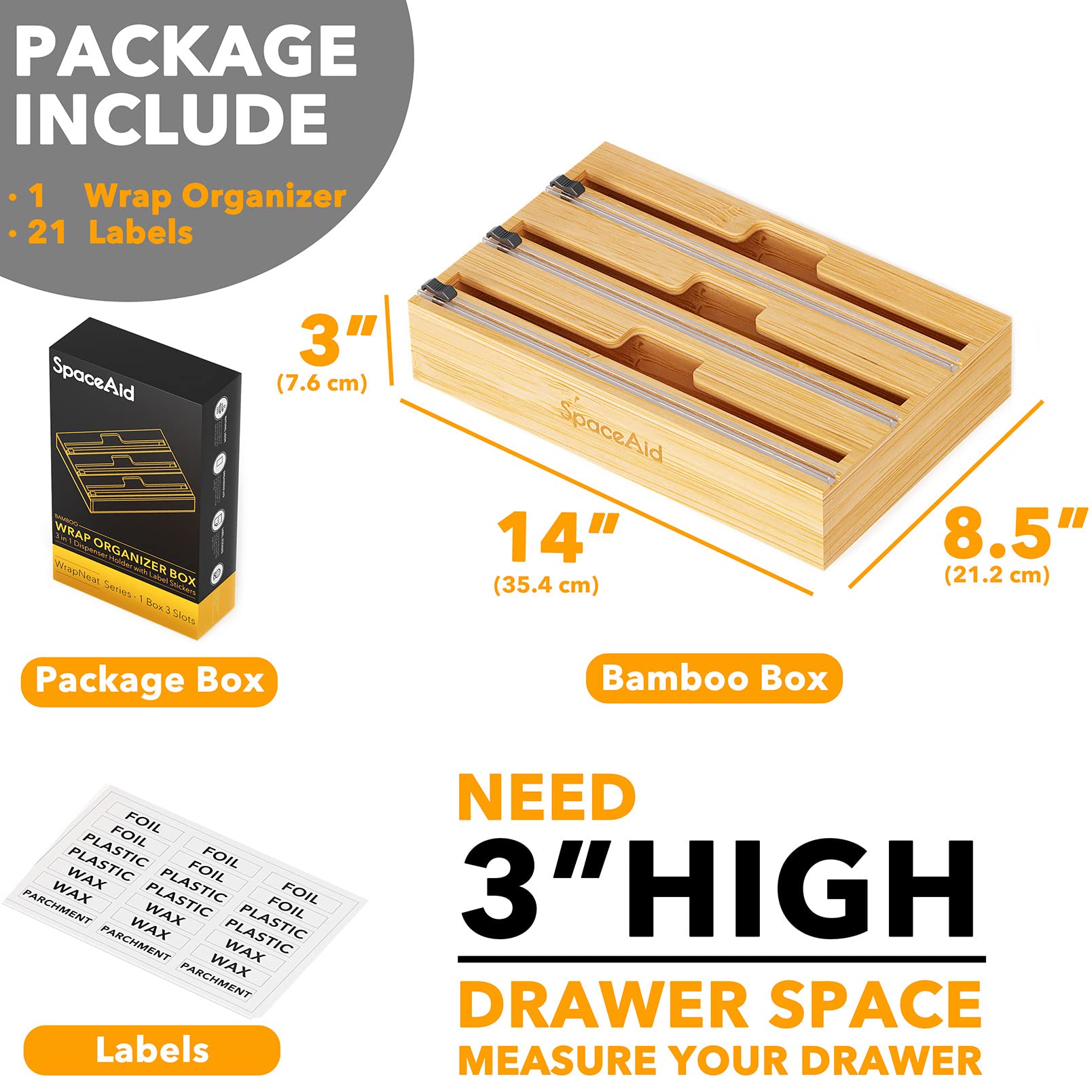 SpaceAid Bamboo Silverware Drawer Organizer (Natural, 6 Slots) 3 in 1 Wrap Organizer with Cutter and Labels