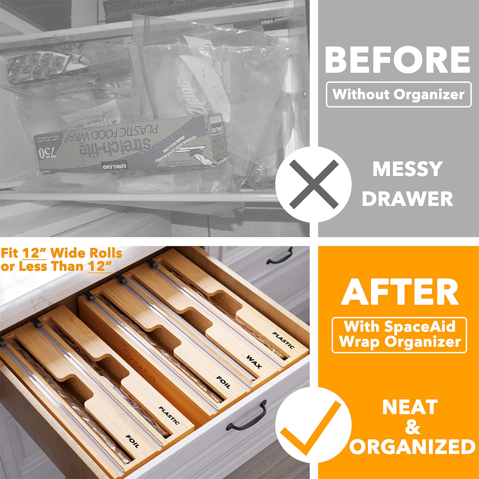 SpaceAid Bamboo Silverware Drawer Organizer (Natural, 6 Slots) 3 in 1 Wrap Organizer with Cutter and Labels