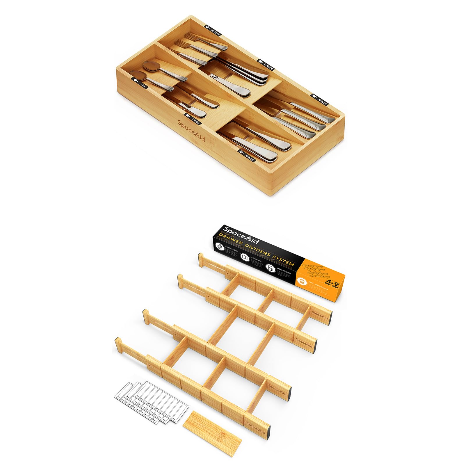 SpaceAid Bamboo Silverware Drawer Organizer with Labels (Natural, 6 Slots) Bamboo Drawer Dividers with Inserts