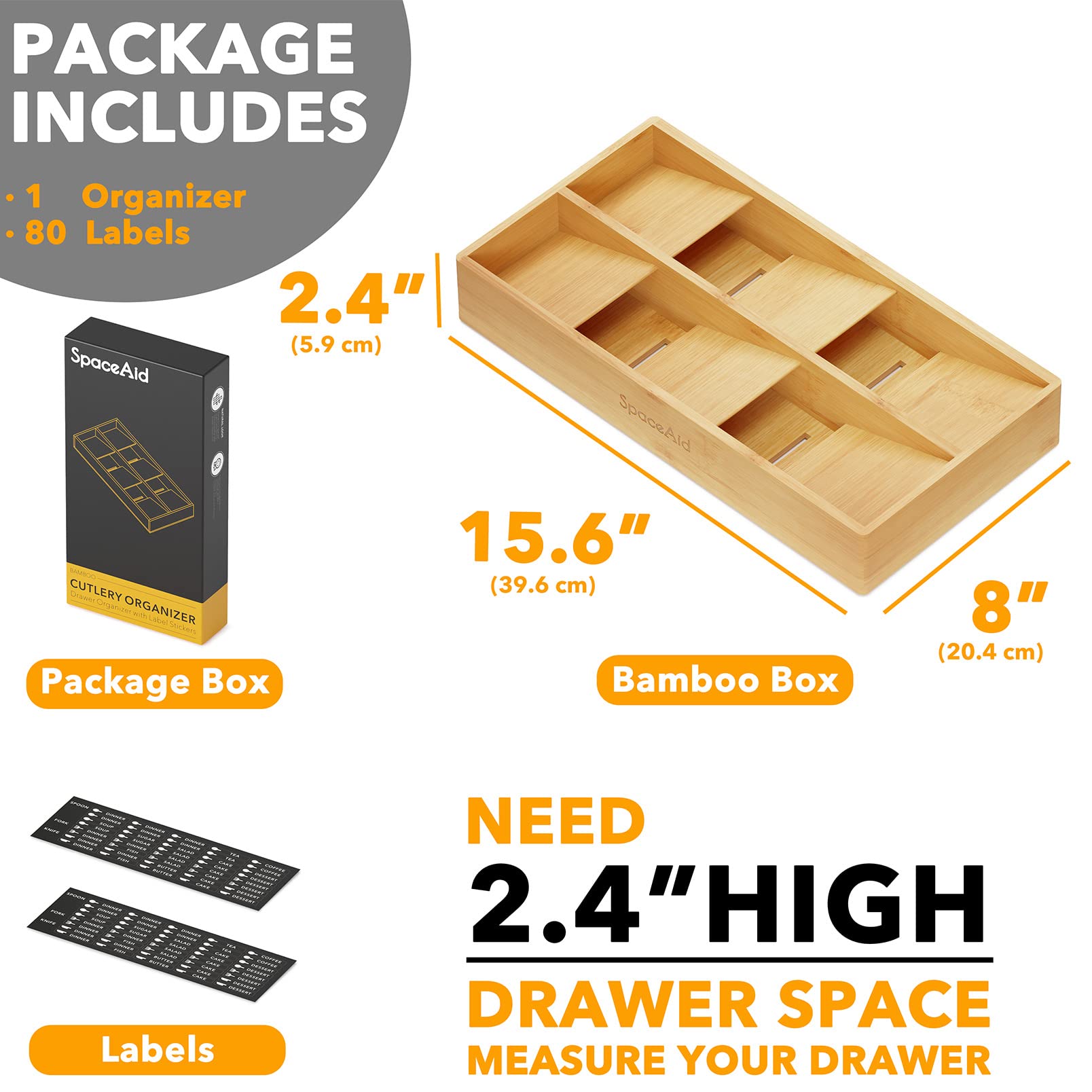 SpaceAid Bamboo Silverware Drawer Organizer with Labels (Natural, 6 Slots) Bamboo Drawer Dividers with Inserts