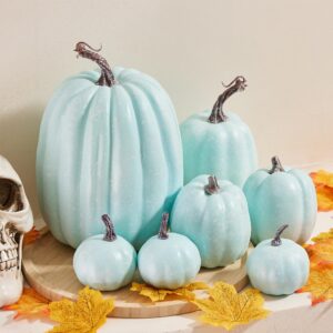 BINPURE Fall Decorations for Home Artificial Fake Pumpkins Thanksgiving Pumpkins Set Lifelike Wedding Tables Centerpieces Halloween Home Decoration (SST-Light Blue, 7 PCS)