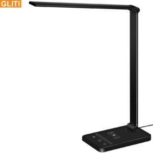 GLITI LED Desk Lamp with Wireless Charging，Dimmable Desk Light, 5 Light Colors, 6 Brightness Levels, Touch Control Table Lamp with USB Rechargeable, Auto Timer, for College Dorm, Home, Office