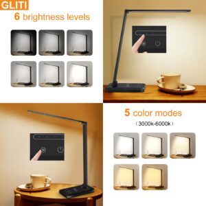 GLITI LED Desk Lamp with Wireless Charging，Dimmable Desk Light, 5 Light Colors, 6 Brightness Levels, Touch Control Table Lamp with USB Rechargeable, Auto Timer, for College Dorm, Home, Office