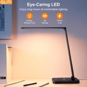 GLITI LED Desk Lamp with Wireless Charging，Dimmable Desk Light, 5 Light Colors, 6 Brightness Levels, Touch Control Table Lamp with USB Rechargeable, Auto Timer, for College Dorm, Home, Office