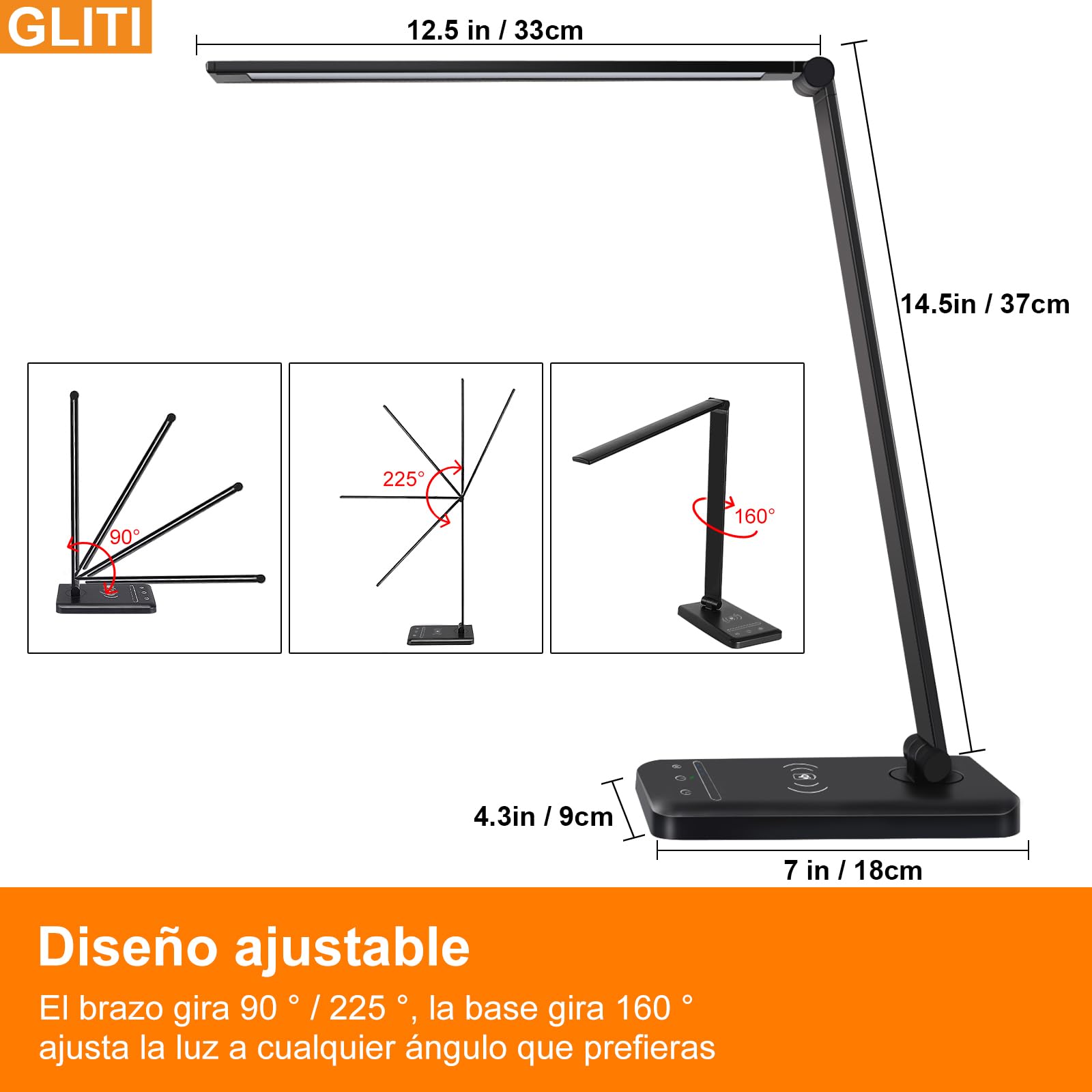 GLITI LED Desk Lamp with Wireless Charging，Dimmable Desk Light, 5 Light Colors, 6 Brightness Levels, Touch Control Table Lamp with USB Rechargeable, Auto Timer, for College Dorm, Home, Office