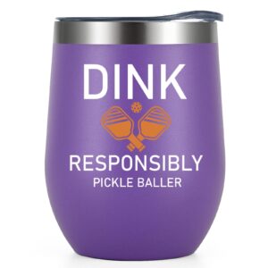 liqcool pickleball gifts, pickleball gifts for women, dink responsibly pickleball wine tumbler with lid, pickle ball gifts women on christmas birthday retirement mother's day(12oz pu)