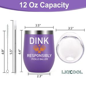 LiqCool Pickleball Gifts, Pickleball Gifts for Women, Dink Responsibly Pickleball Wine Tumbler With Lid, Pickle Ball Gifts Women on Christmas Birthday Retirement Mother's Day(12Oz PU)