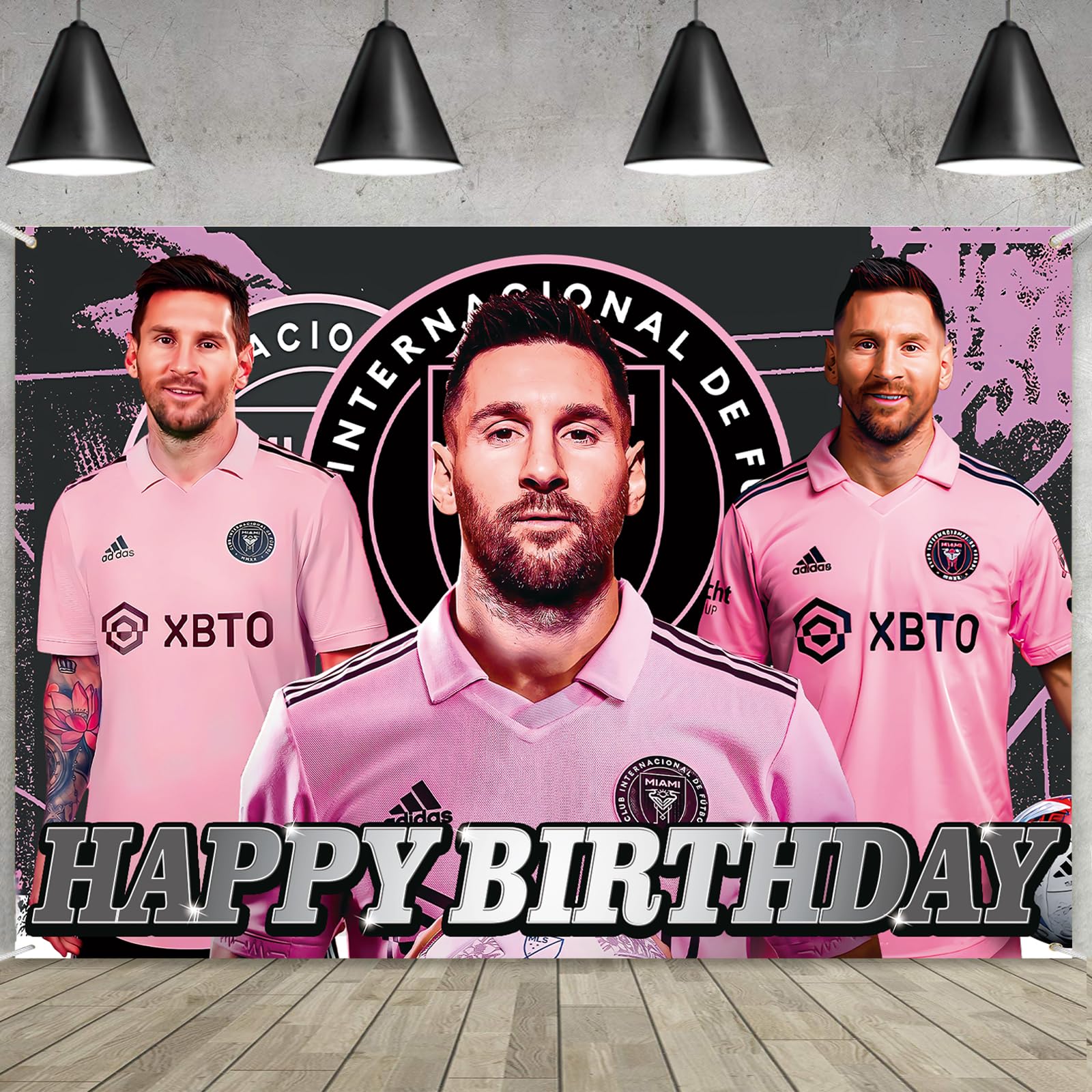 Soccer Star 𝓜𝓮𝓼𝓼𝓲 Birthday Party Supplies, Happy Birthday Backdrop for Miami CF Theme Party, 5 x 3 FT Soccer Birthday Banner for Girls Boys Fans Football Birthday Party Decorations