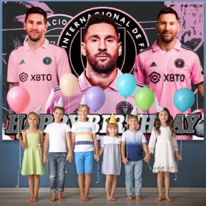 Soccer Star 𝓜𝓮𝓼𝓼𝓲 Birthday Party Supplies, Happy Birthday Backdrop for Miami CF Theme Party, 5 x 3 FT Soccer Birthday Banner for Girls Boys Fans Football Birthday Party Decorations