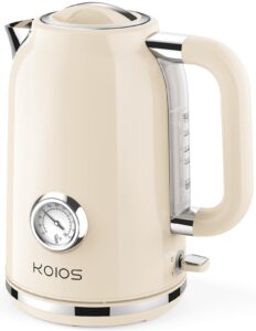 electric tea kettle with thermometer, koios 1.7l 1500w bpa-free stainless steel fast water boiler with led indicator, cordless electric tea pot, 360° rotation,auto shut-off & boil-dry protection