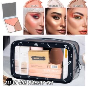 YBUETE All in One Makeup Set Kit for Women Full Kit, Makeup Gift for Women Teen Girl, Naked Eyeshadow Foundation Face Primer Brush 3 in 1 Palette Lip Gloss, Eyebrow Soap Mascara Eyeliner cosmetic bag