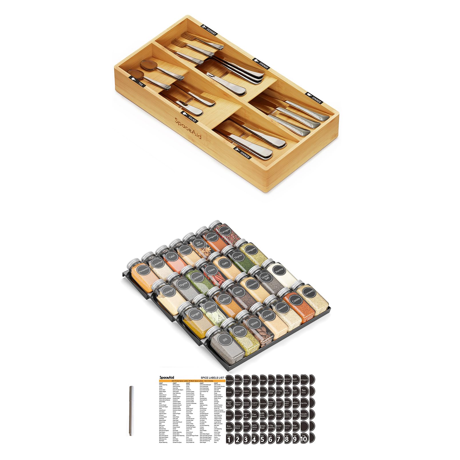 SpaceAid Bamboo Silverware Drawer Organizer with Labels (Natural, 6 Slots) Spice Drawer Organizer with 28 Spice Jars