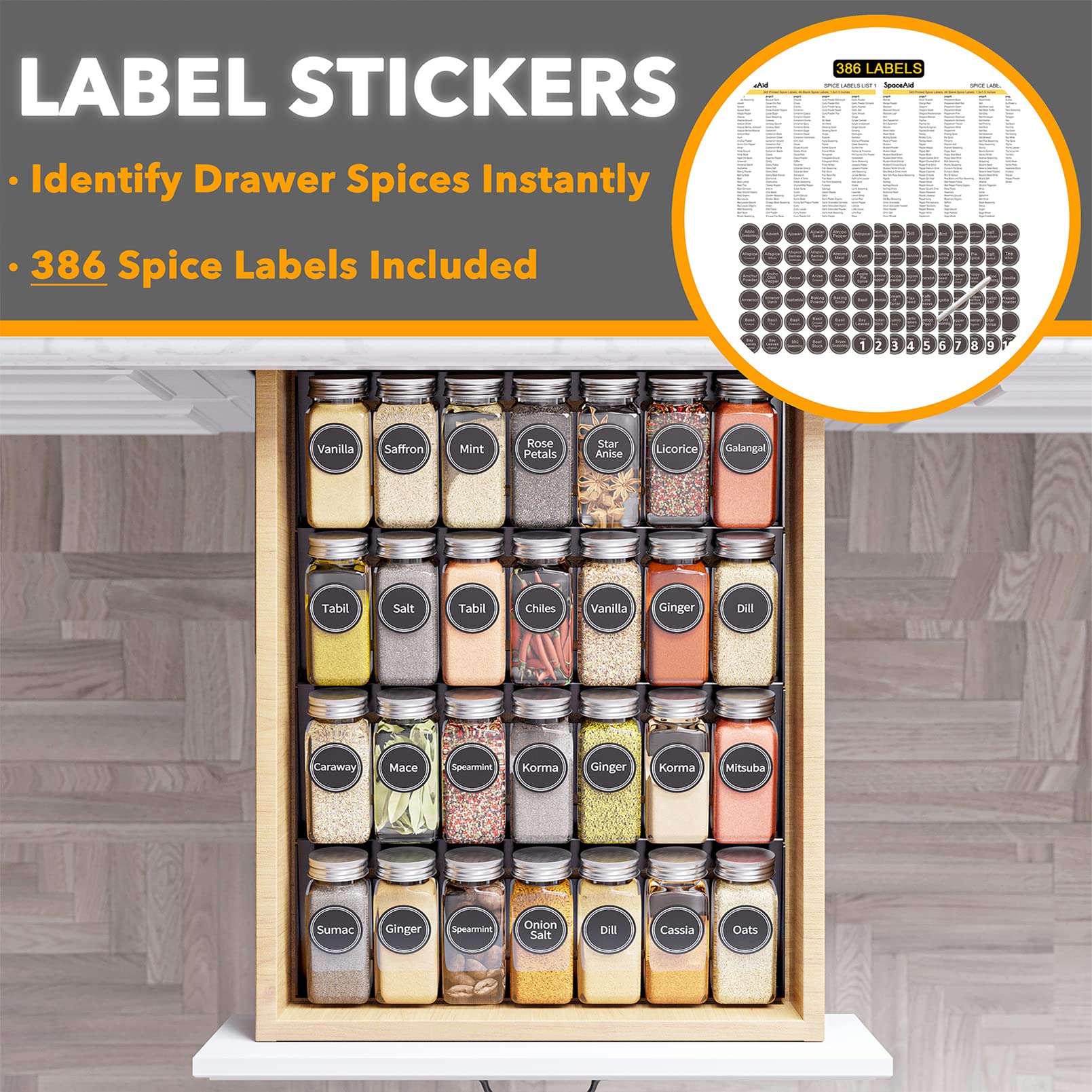 SpaceAid Bamboo Silverware Drawer Organizer with Labels (Natural, 6 Slots) Spice Drawer Organizer with 28 Spice Jars