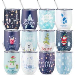 sliner 12 pack christmas wine tumbler 12 oz christmas stainless steel wine glass christmas gift tumbler cup with straw and brush santa elk coffee mug holiday gift for xmas party favor (snowman)