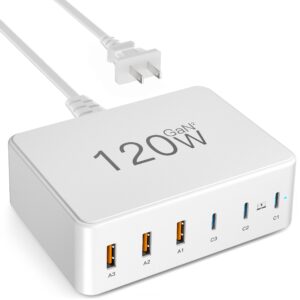 120w usb c charger, 6 ports usb charging station for multiple devices, usb fast wall charger with 3 type-c and 3 usb a, multiport power adapter for ipad iphone, samsung android phones, macbook (white)