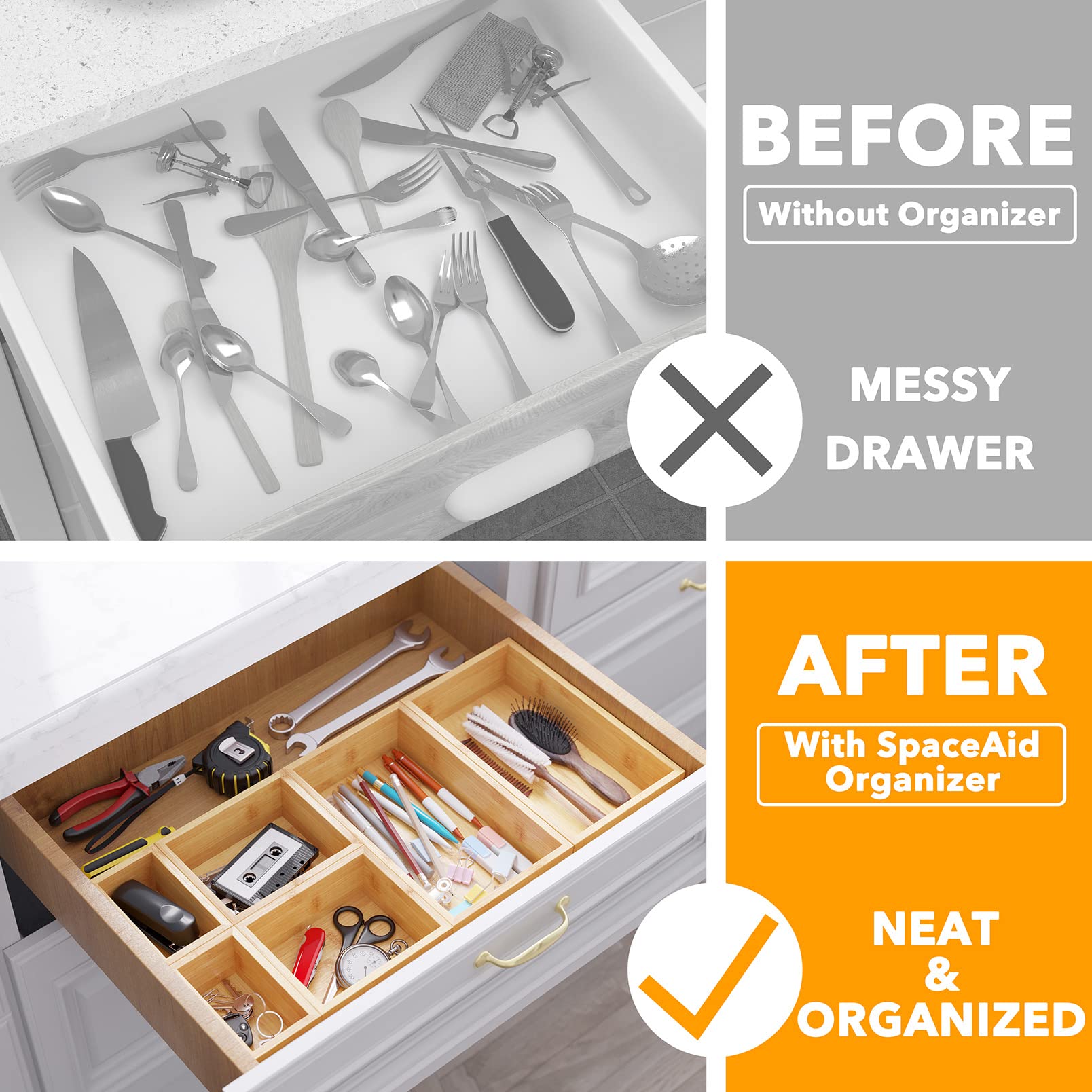 SpaceAid Bamboo Silverware Drawer Organizer with Labels (Natural, 6 Slots) and 6 Pcs Bamboo Drawer Organizer Storage Box Set