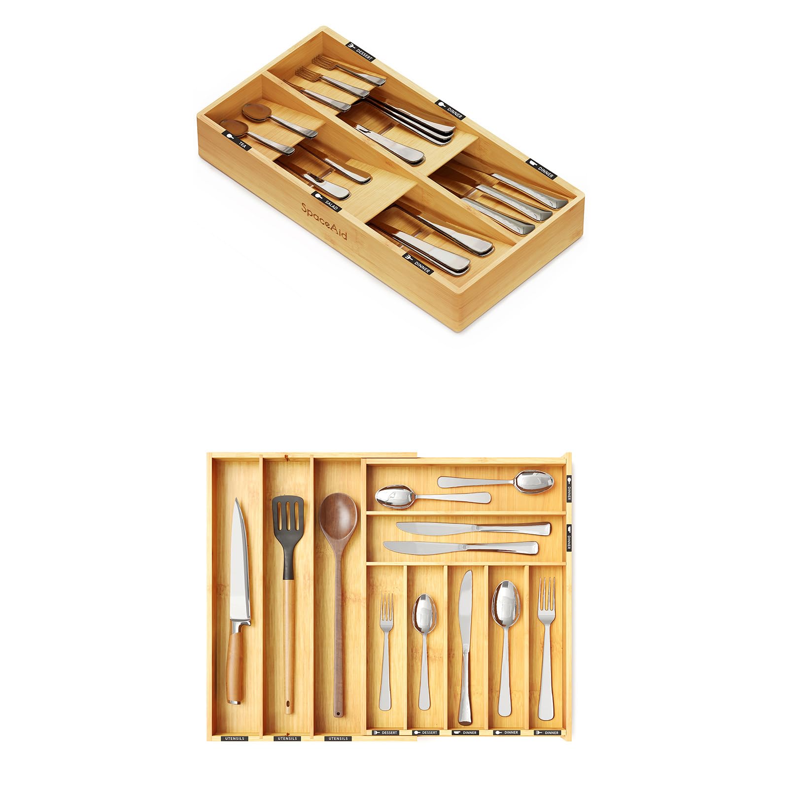 SpaceAid Bamboo Silverware Drawer Organizer with Labels (Natural, 6 Slots) and Utensil Organizer (Natural, 10 Slots)