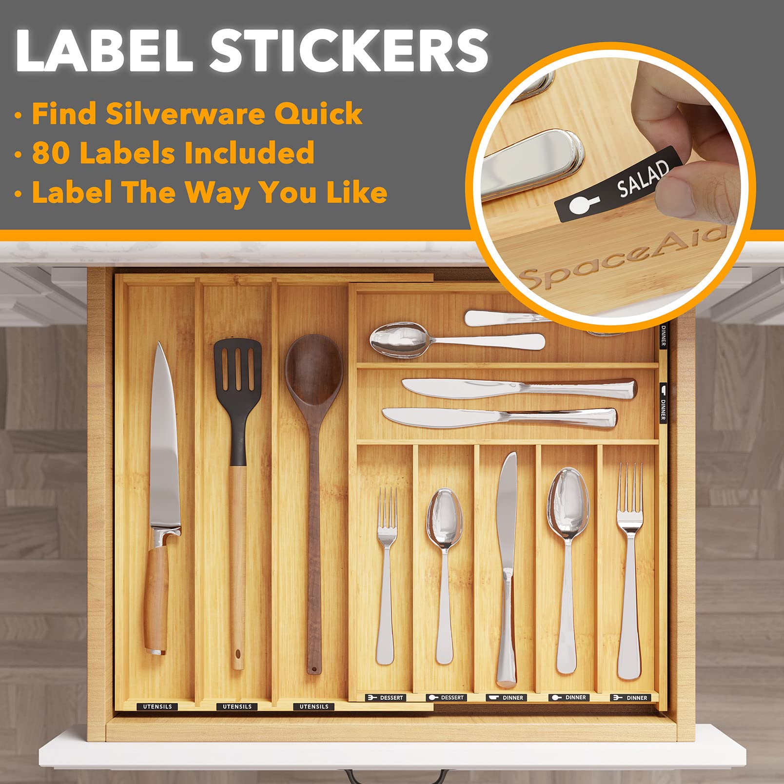 SpaceAid Bamboo Silverware Drawer Organizer with Labels (Natural, 6 Slots) and Utensil Organizer (Natural, 10 Slots)