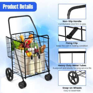 Safeplus Folding Shopping Cart, Utility Cart with Rolling Swivel Wheels&Double Basket, Grocery cart for Grocery, Laundry,Book,Luggage, Travel (Light Weight 24" x 24" x 40", Black)