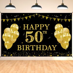 darunaxy black gold 50th birthday party decorations, happy 50th birthday banner backdrop for men cheers to 50 year old birthday party supplies, 6x3.6ft 50 birthday photography background for women
