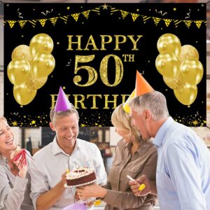 DARUNAXY Black Gold 50th Birthday Party Decorations, Happy 50th Birthday Banner Backdrop for Men Cheers to 50 Year Old Birthday Party Supplies, 6x3.6ft 50 Birthday Photography Background for Women