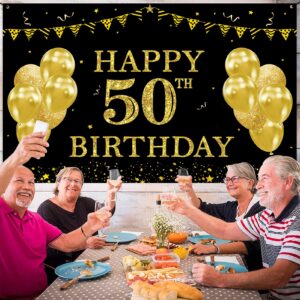 DARUNAXY Black Gold 50th Birthday Party Decorations, Happy 50th Birthday Banner Backdrop for Men Cheers to 50 Year Old Birthday Party Supplies, 6x3.6ft 50 Birthday Photography Background for Women