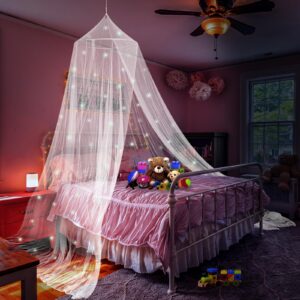 daksha princess bed canopy for girls with glowing stars, bed curtains for kids, ceiling tent, white room decor, fits twin, full and queen size beds